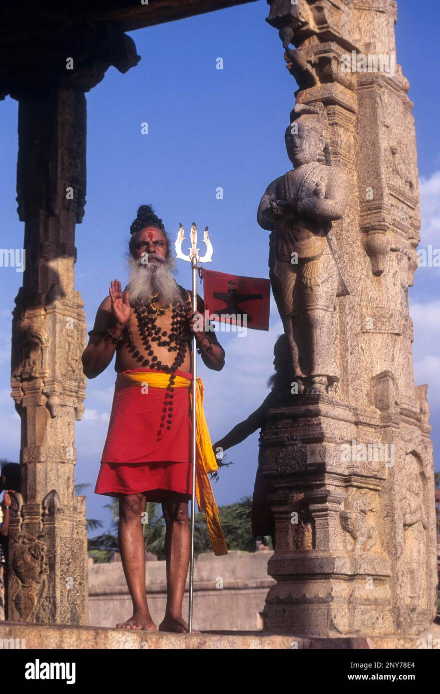 Un Saddhu se tenant à Nandhi mandapam à Thanjavur Brihadeeswarar, Temple de Brihadishvara, TamilNadu, Inde Banque D'Images