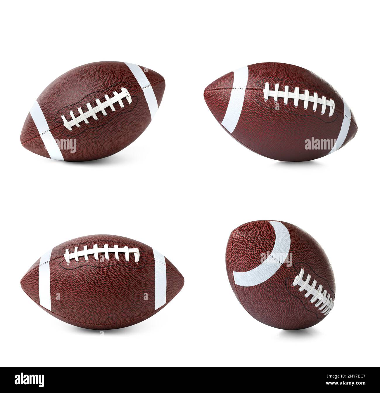 Ensemble de ballons de football américain en cuir sur fond blanc. Équipement de football Banque D'Images