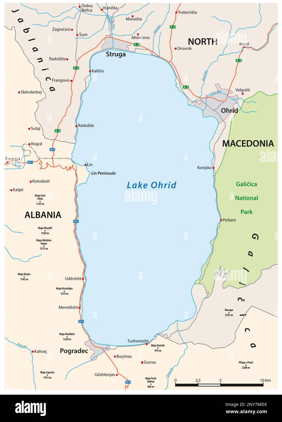 Carte routière du lac d'Ohrid albanais et macédonien du Nord Banque D'Images