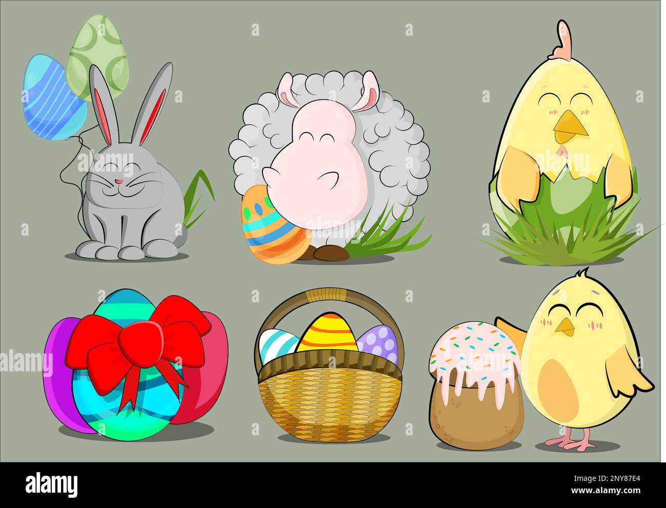 Ensemble mignon d'autocollants pour la fête de pâques avec de jolis petits animaux Illustration de Vecteur