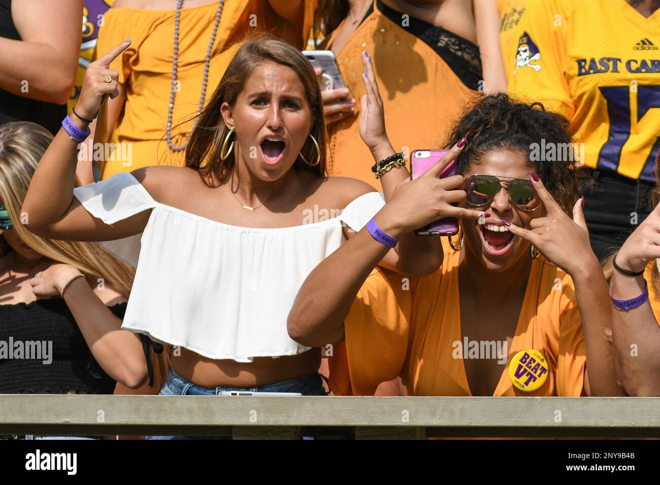 GREENVILLE, NC - SEPTEMBER 16: East Carolina Pirates fans celebrate during a game between the Virginia Tech Hokies and the East Carolina Pirates on September 16, 2017 at Dowdy-Ficklen Stadium in Greenville, NC. Virginia Tech defeated ECU 64-17. (Photo by Greg Thompson/Icon Sportswire) (Icon Sportswire via AP Images) Banque D'Images