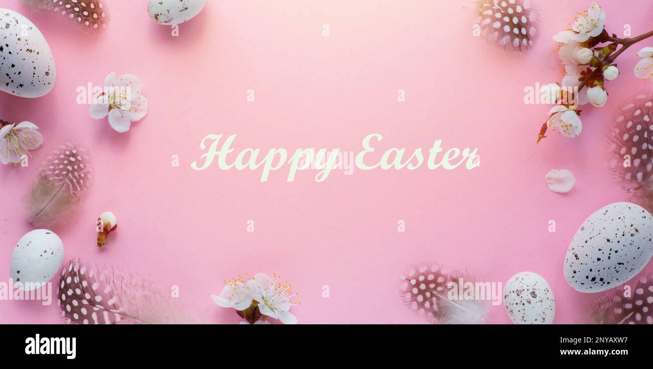 Cadre de la bordure de Pâques des oeufs de Pâques et des fleurs de printemps avec l'espace de copie au milieu Banque D'Images