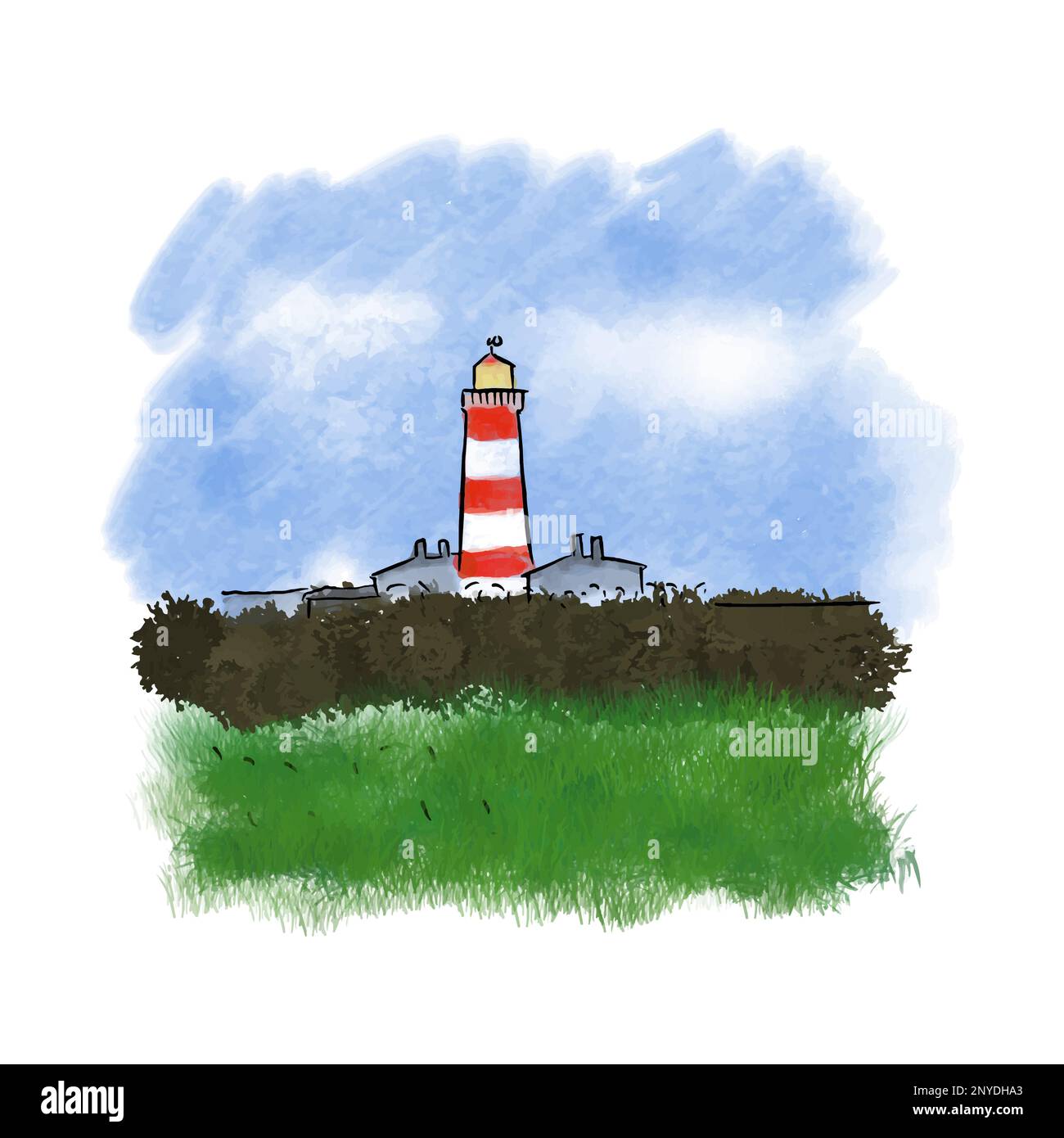 Art peint à la main d'une aquarelle image d'un paysage avec des rayures rouges et blanches de phare Illustration de Vecteur