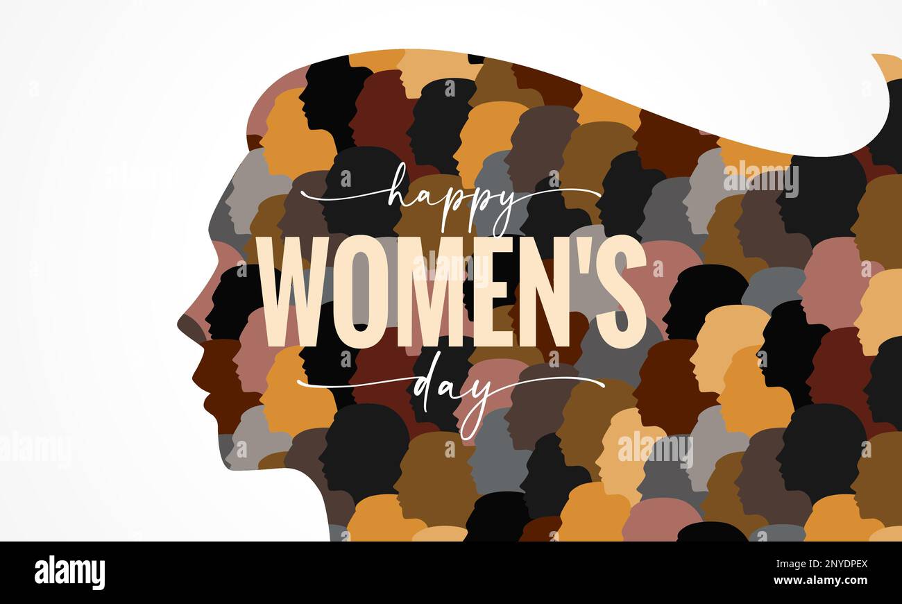 Happy Womens Day, bannière avec silhouette de femme. Concept pour 8 mars, Journée internationale de la femme avec des visages féminins différents en profil de fille Illustration de Vecteur