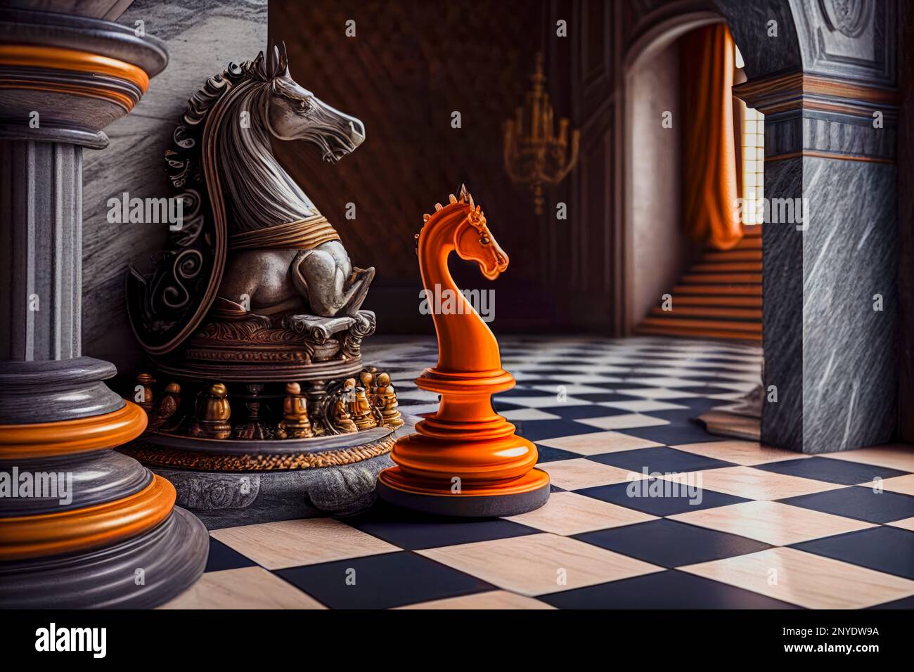Deux chevaliers dans la salle d'un château avec un sol carrelé en chevêtre. Le gris et l'orange sont les couleurs dominantes. Ai génératif. Banque D'Images