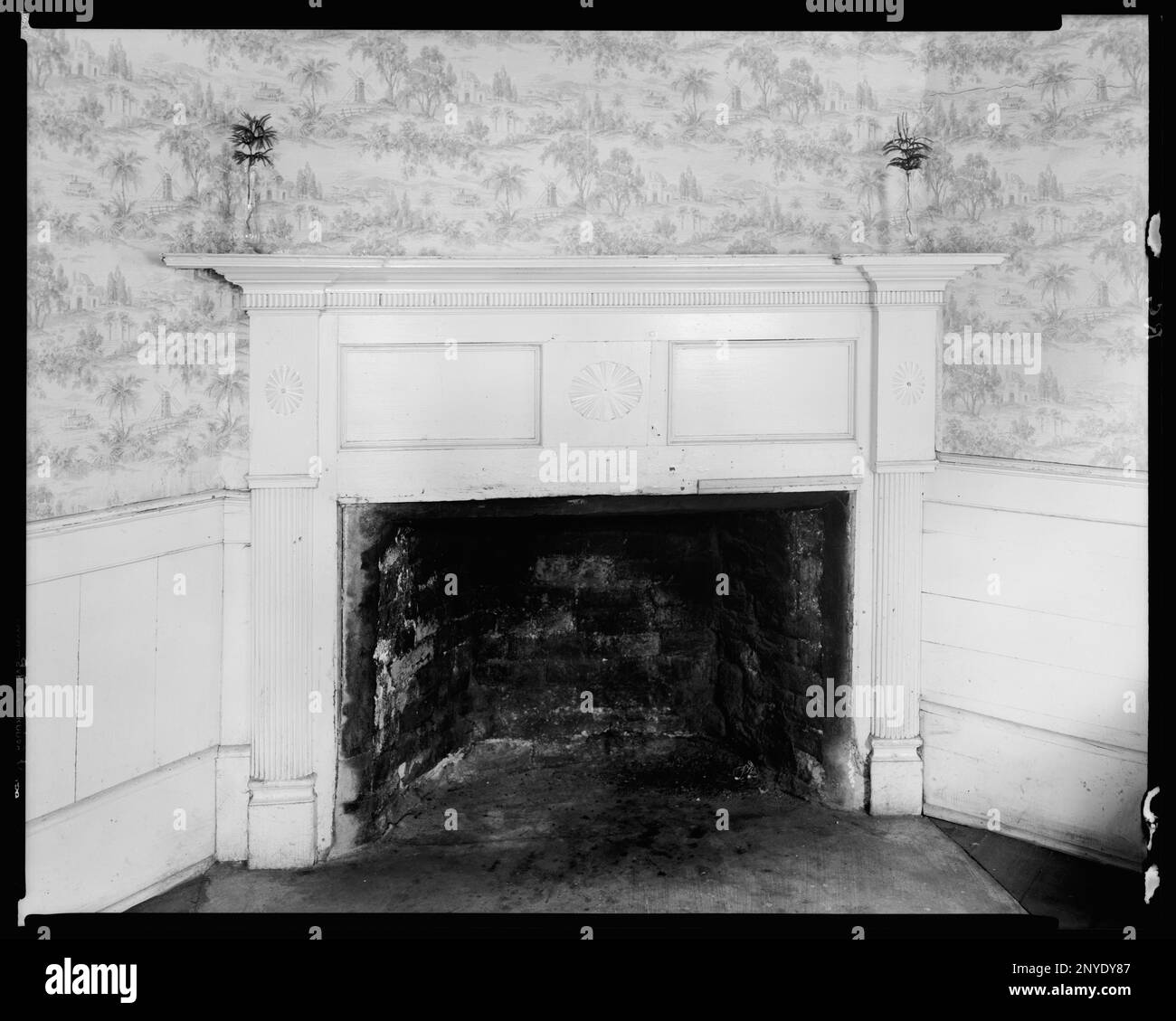 Pleasant Gardens, Catawba Valley, comté de McDowell, Caroline du Nord. Carnegie Etude de l'architecture du Sud. États-Unis, Caroline du Nord, McDowell County, Catawba Valley, cheminées, Mantels, médaillons, zones d'ornement , Fonds d'écran. Banque D'Images