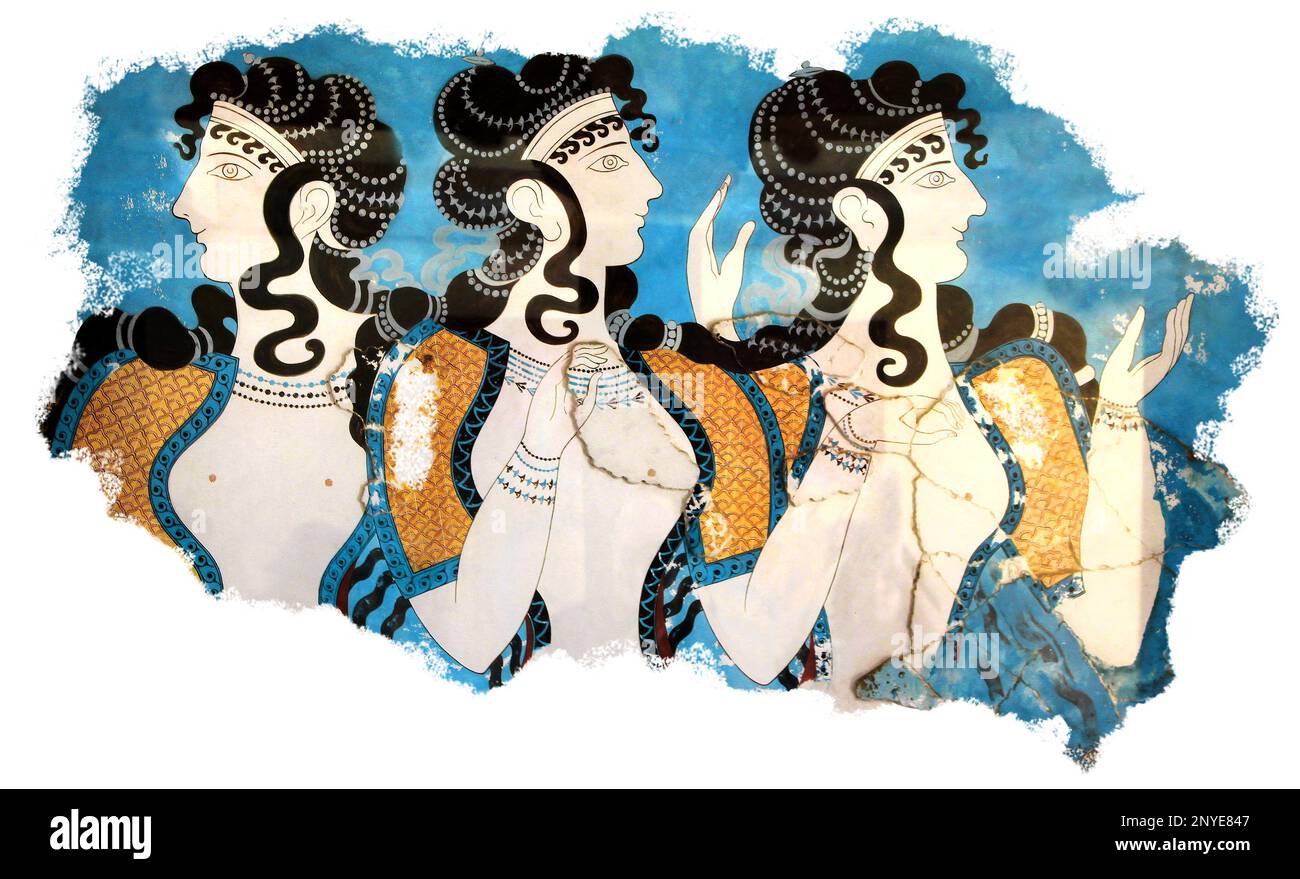 Minoan dames mur mural peinture fresque ancienne Knossos Crète Grèce, isolé, rugueux bords de plâtre Banque D'Images