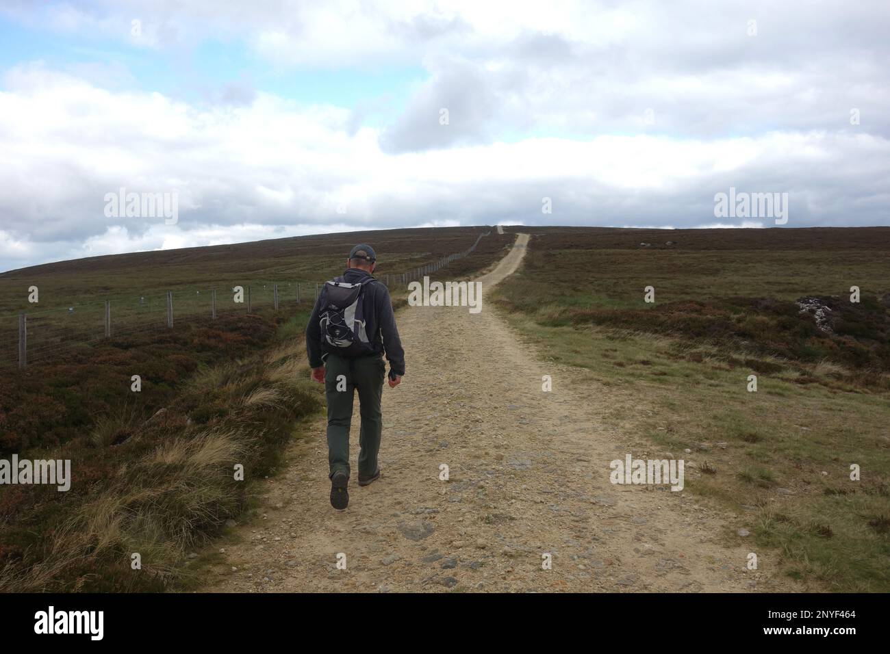 Homme marchant sur une piste de Landrover (ATV) au-dessus de Moorland à 'Rogen's Seat' de Gunnerside, Swaledale, Yorkshire Dales National Park, Yorkshire, Angleterre. Banque D'Images