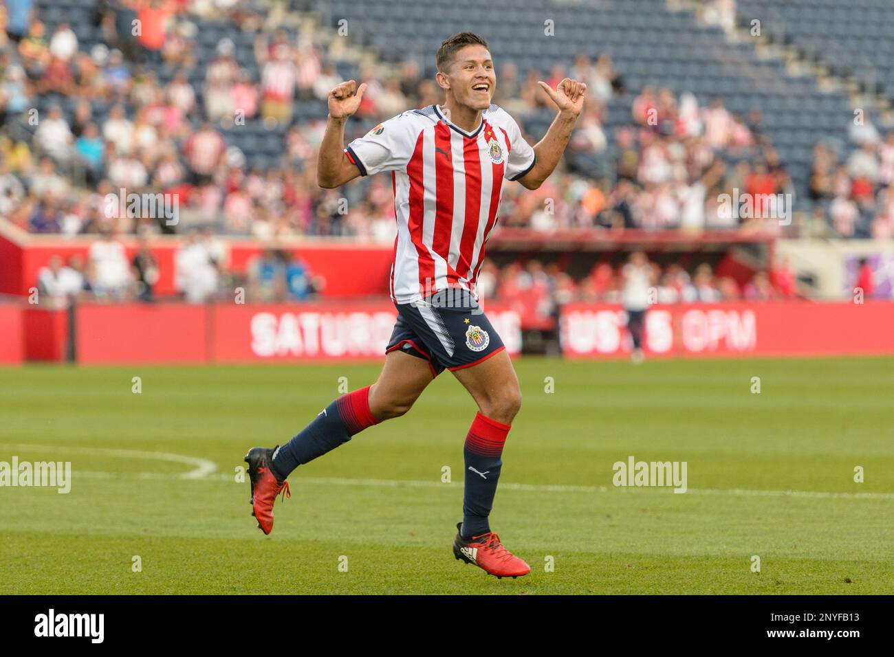 BRIDGEVIEW, IL - AUGUST 01: Chivas U-20s forward Jose de Jesus Godinez (89) celebrates his goal in the first half during a soccer match between the MLS Homegrown Team and the Chivas de Guadalajara Under-20 Team on August 01, 2017, at Toyota Park in Bridgeview, IL. (Photo By Daniel Bartel/Icon Sportswire) (Icon Sportswire via AP Images) Banque D'Images