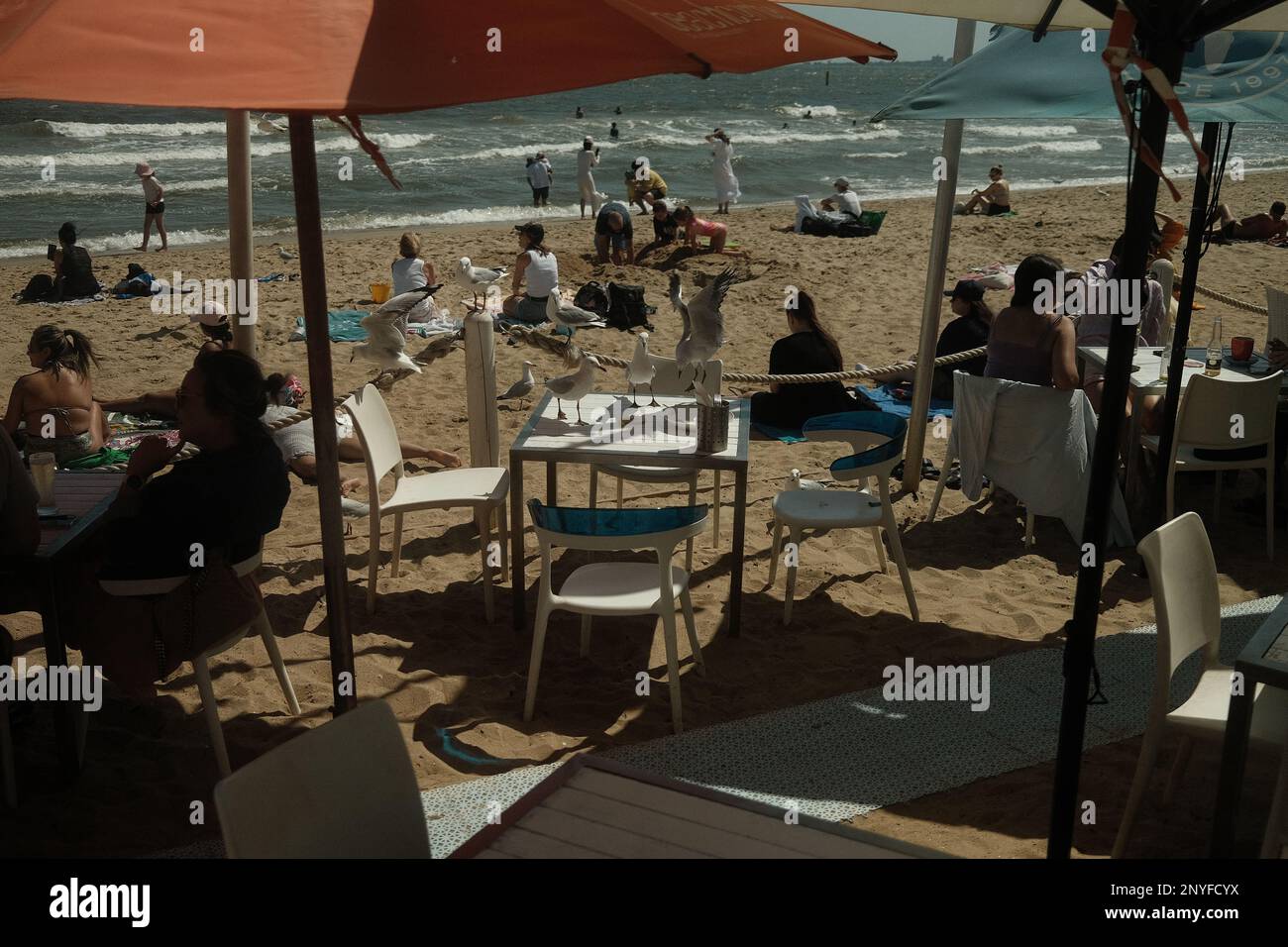 Une photo prise lors d'une journée ensoleillée à St Kilda Beach, Victoria. C'était une journée animée, pleine de gens et d'activités. Banque D'Images