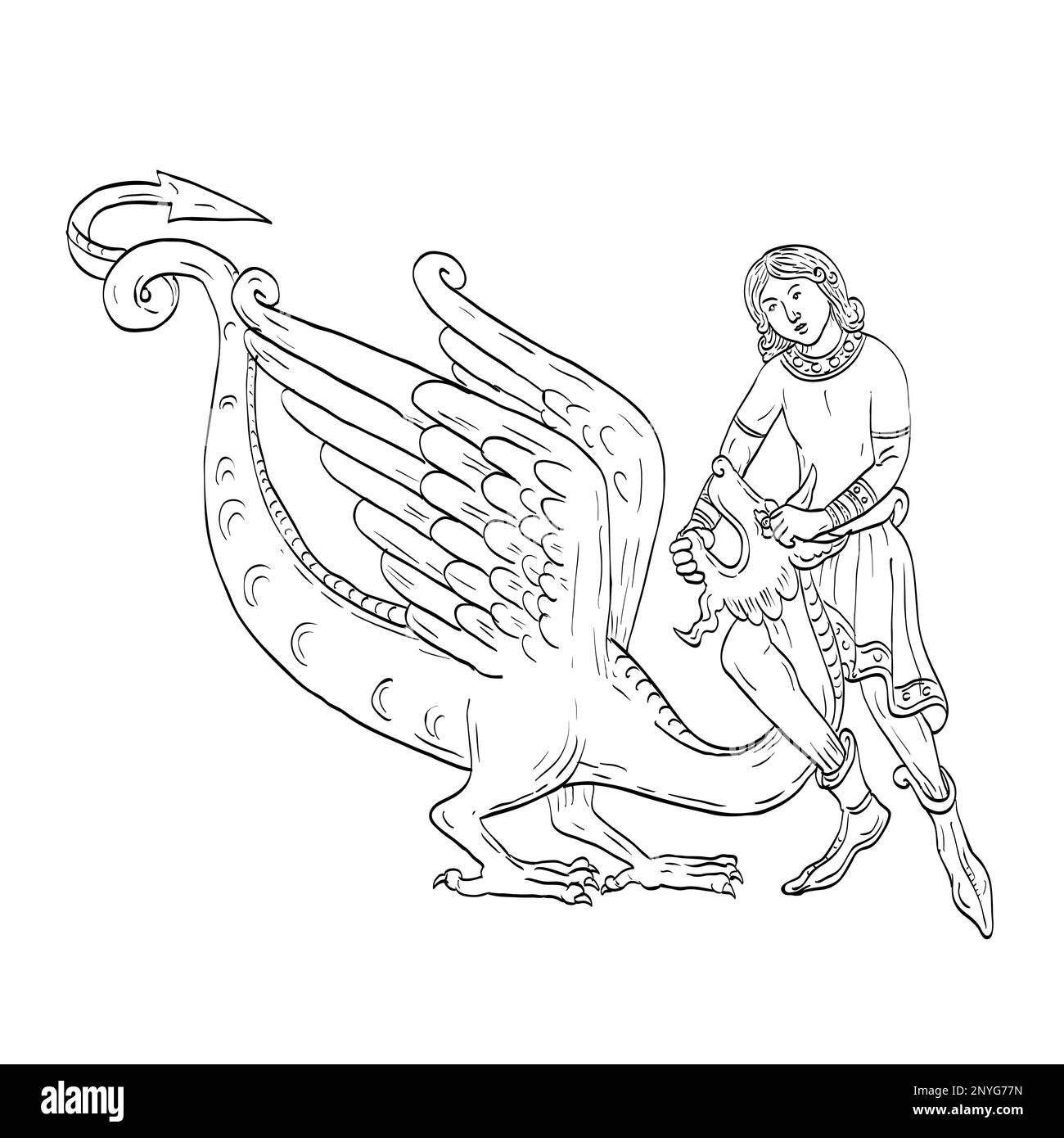 Dessin d'art de ligne illustration de Saint George combat le dragon fait dans le style médiéval sur fond isolé en noir et blanc. Banque D'Images