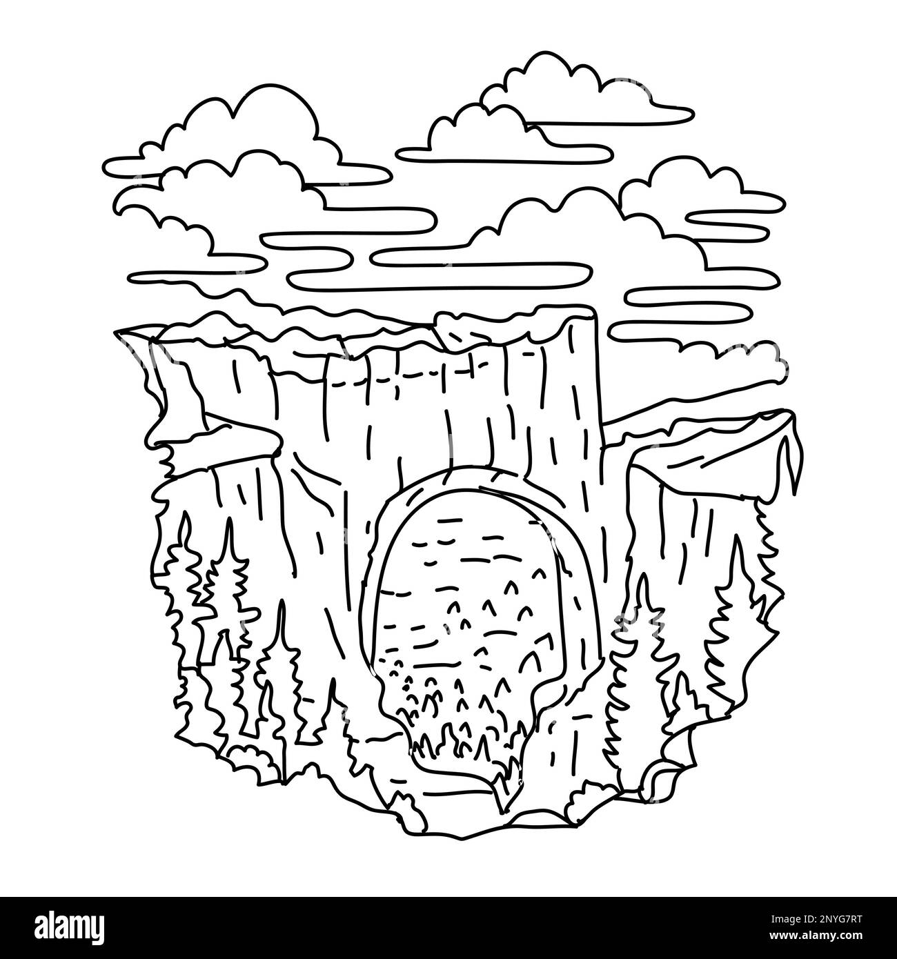 Illustration monoligne d'un pont naturel dans le parc national de Bryce Canyon, dans le sud-ouest de l'Utah, dessin de ligne de monoline. Banque D'Images