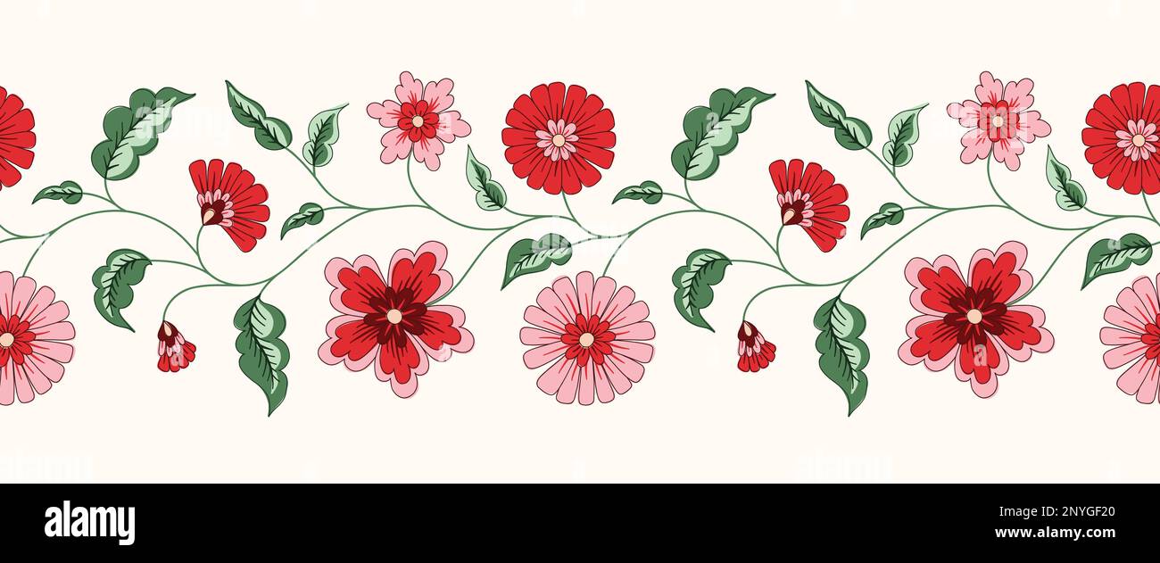 Indian chintz Flowers Vector Seamless Hotrizontal Pattern Border Illustration de Vecteur