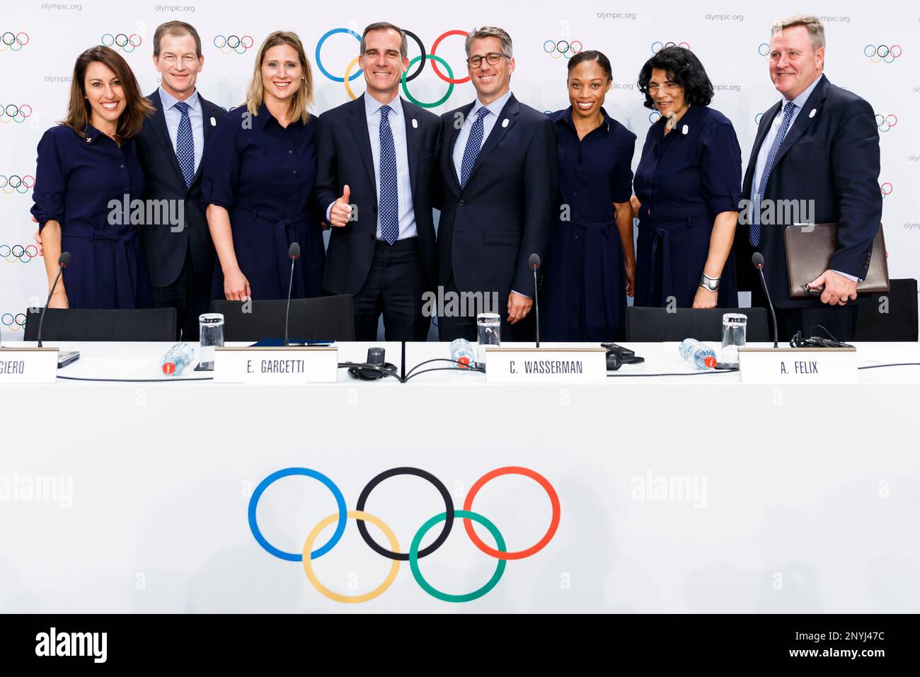From left Los Angeles 2024 Olympic bid Vice Chair and Olympic champion