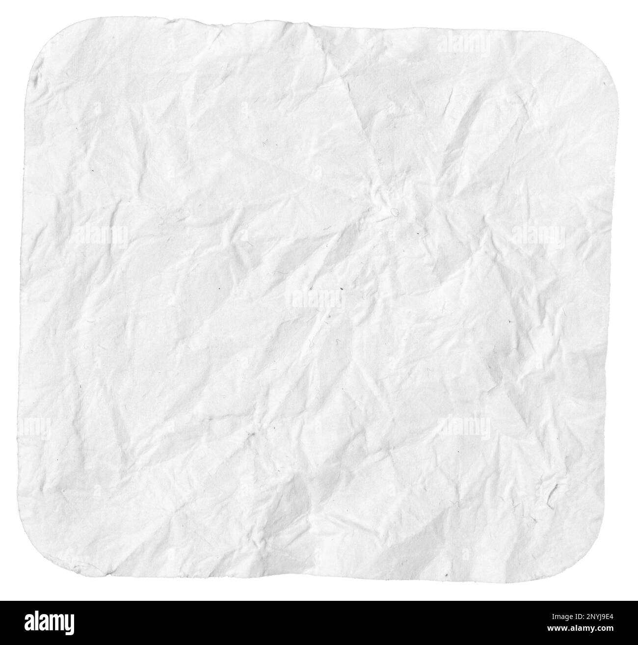 Carte vierge de forme carrée blanche isolée sur fond blanc. Morceau de papier froissé. Maquette de modèle Banque D'Images