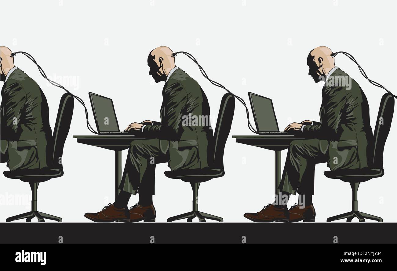 Un homme d'affaires dans un costume d'affaires avec un ordinateur portable s'assoit à une table et saisit du texte, regardant le moniteur. Croquis brut de crayon à main levée isolé sur blanc Illustration de Vecteur