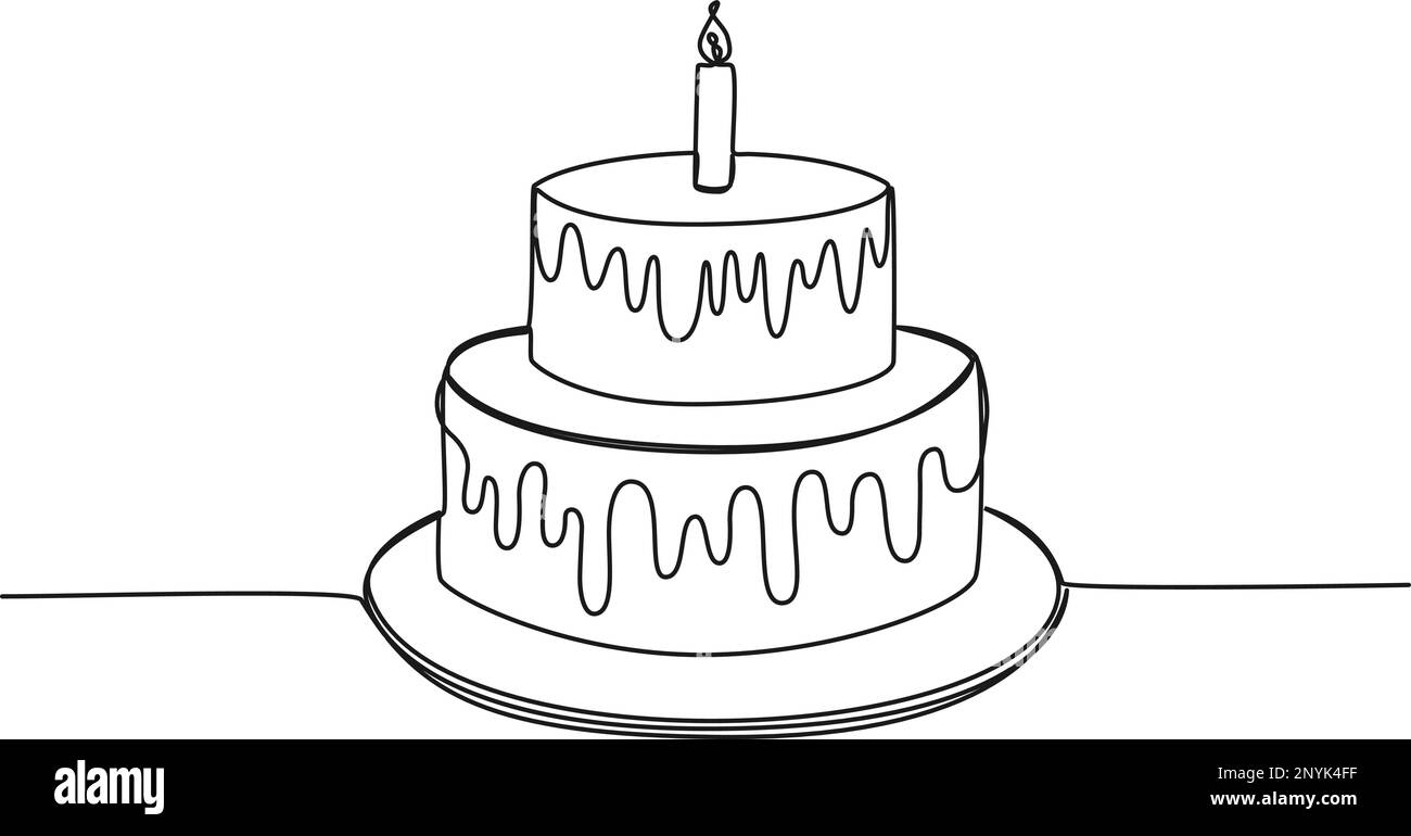 dessin continu d'une seule ligne de gâteau d'anniversaire avec bougie sur le dessus, illustration vectorielle d'art de ligne Illustration de Vecteur