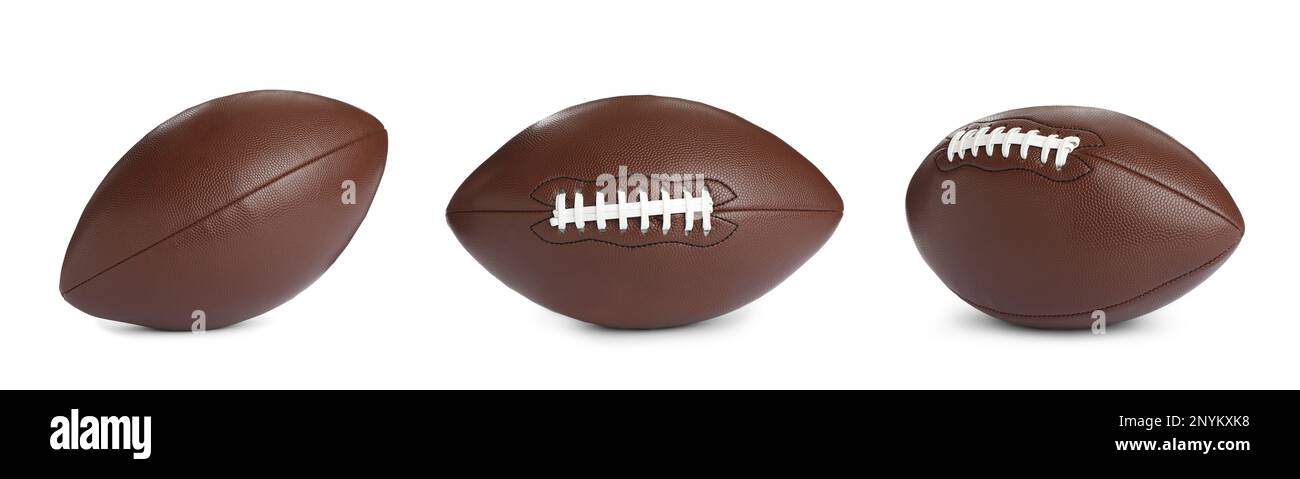 Ensemble avec boules de football américain en cuir sur fond blanc, motif bannière. Équipement de football Banque D'Images
