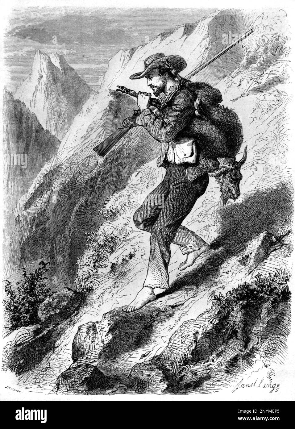 Chasse sauvage de Goat Hunter dans l'intérieur montagneux de l'île de la Réunion. Gravure ancienne ou illustration 1862 Banque D'Images