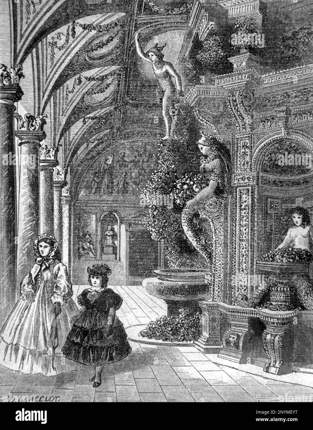 Galerie d'art impériale et intérieur baroque du palais Schleissheim Munich Allemagne. Gravure ancienne ou illustration 1862 Banque D'Images