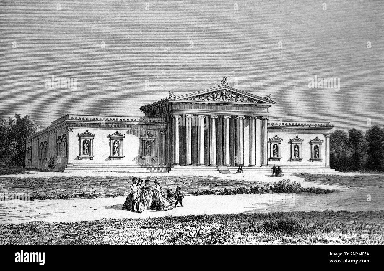 Glyptothek (1816-1830), Musée des sculptures grecques et romaines, construit dans le style néoclassique, Munich Allemagne. Gravure ancienne ou illustration 1862 Banque D'Images