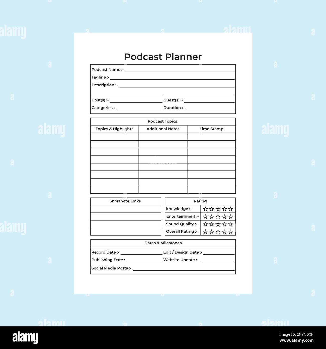 Intérieur KDP du suiveur d'informations de podcast. Modèle de planificateur  de sujet régulier de podcast et de vérificateur de liste de sponsors.  Bloc-notes intérieur KDP. Station radio active Image Vectorielle Stock -