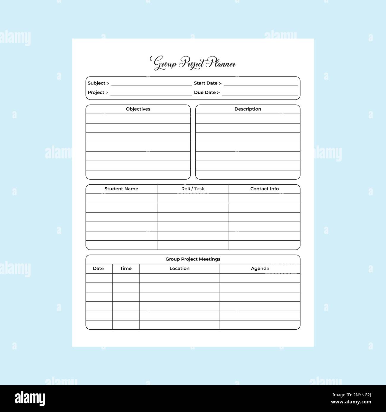 Livre de bord de projet de groupe KDP Interior. Modèle de suivi de projet de groupe scolaire et de vérificateur d'informations sur les élèves. Tourillon intérieur KDP. Projet d'étude planne Illustration de Vecteur