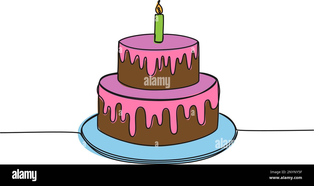 dessin d'une seule ligne de couleur continue de gâteau d'anniversaire avec bougie sur le dessus, illustration vectorielle d'art de ligne Illustration de Vecteur