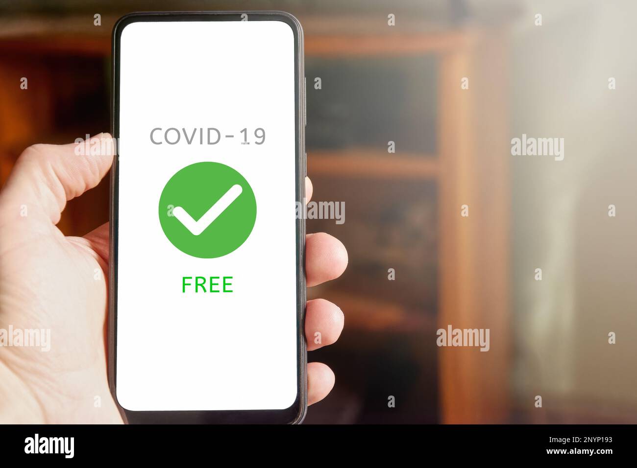 Homme main tenant le téléphone mobile avec le texte "Covid-19 Free" sur l'écran. Personne vérifiant le rapport d'état de santé du test Covid sur l'application mobile à la maison. Copier l'espace. Banque D'Images