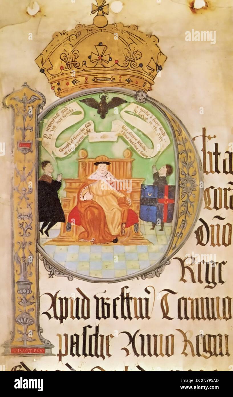 Edward VI (1537-1553), 1549. Un portrait tiré de la liste des appels de Pâques (K.B. 27/1150). Les rouleaux de plaidoyer sont des rouleaux de parchemin qui enregistrent les détails de poursuites judiciaires ou d'actions devant un tribunal en Angleterre. À la fin du siècle 12th, les tribunaux ont commencé à enregistrer leurs procédures dans des listes de plaidoyer et à déposer des brefs de leur fondation. Banque D'Images