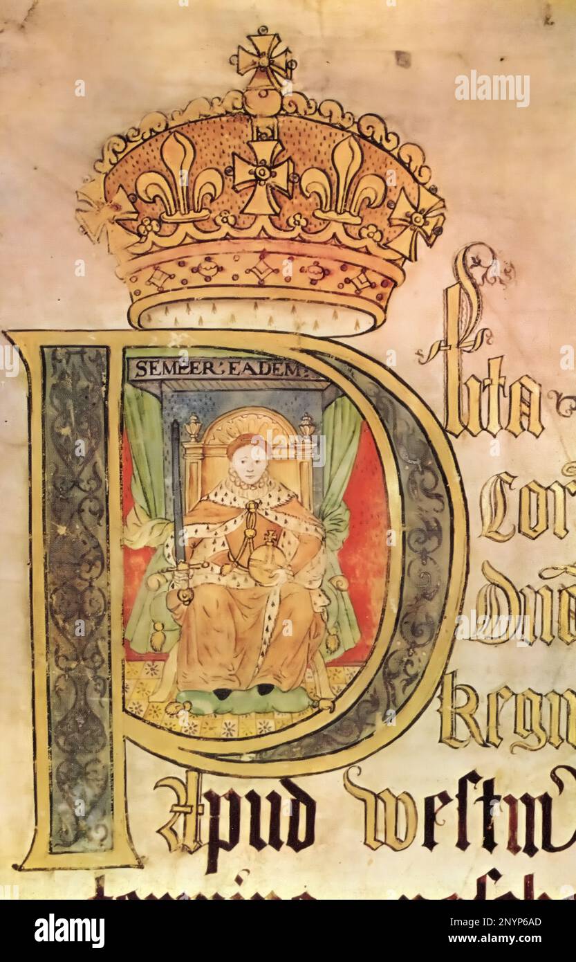 Elizabeth I (1533-1603), 1572. Un portrait tiré de la liste des appels de Pâques (K.B. 27/1241). Les rouleaux de plaidoyer sont des rouleaux de parchemin qui enregistrent les détails de poursuites judiciaires ou d'actions devant un tribunal en Angleterre. À la fin du siècle 12th, les tribunaux ont commencé à enregistrer leurs procédures dans des listes de plaidoyer et à déposer des brefs de leur fondation. Banque D'Images