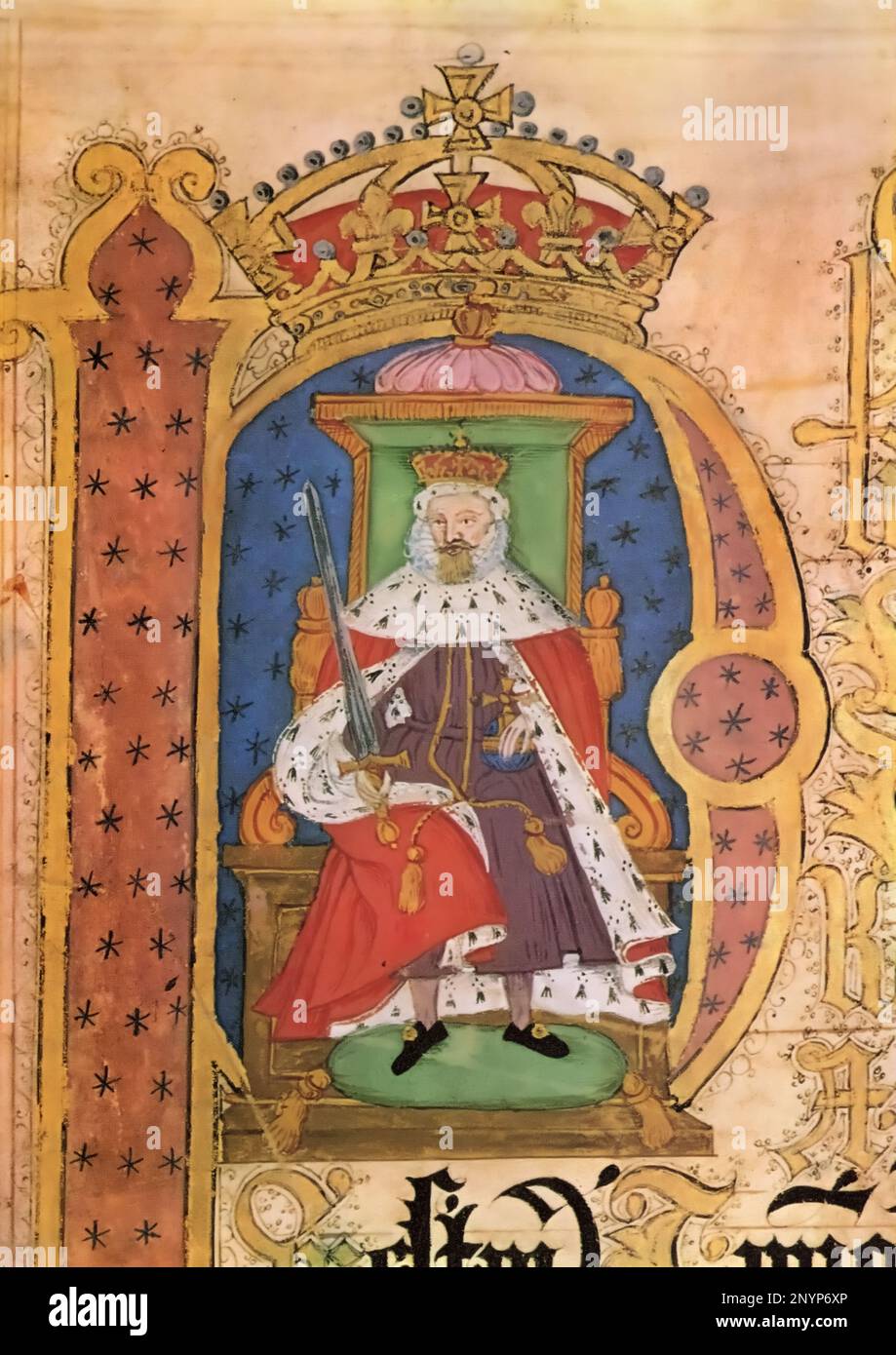 James VI et moi (1566-1625), 1623. Un portrait tiré de la liste des appels de Pâques (K.B. 27/1522). Les rouleaux de plaidoyer sont des rouleaux de parchemin qui enregistrent les détails de poursuites judiciaires ou d'actions devant un tribunal en Angleterre. À la fin du siècle 12th, les tribunaux ont commencé à enregistrer leurs procédures dans des listes de plaidoyer et à déposer des brefs de leur fondation. Banque D'Images