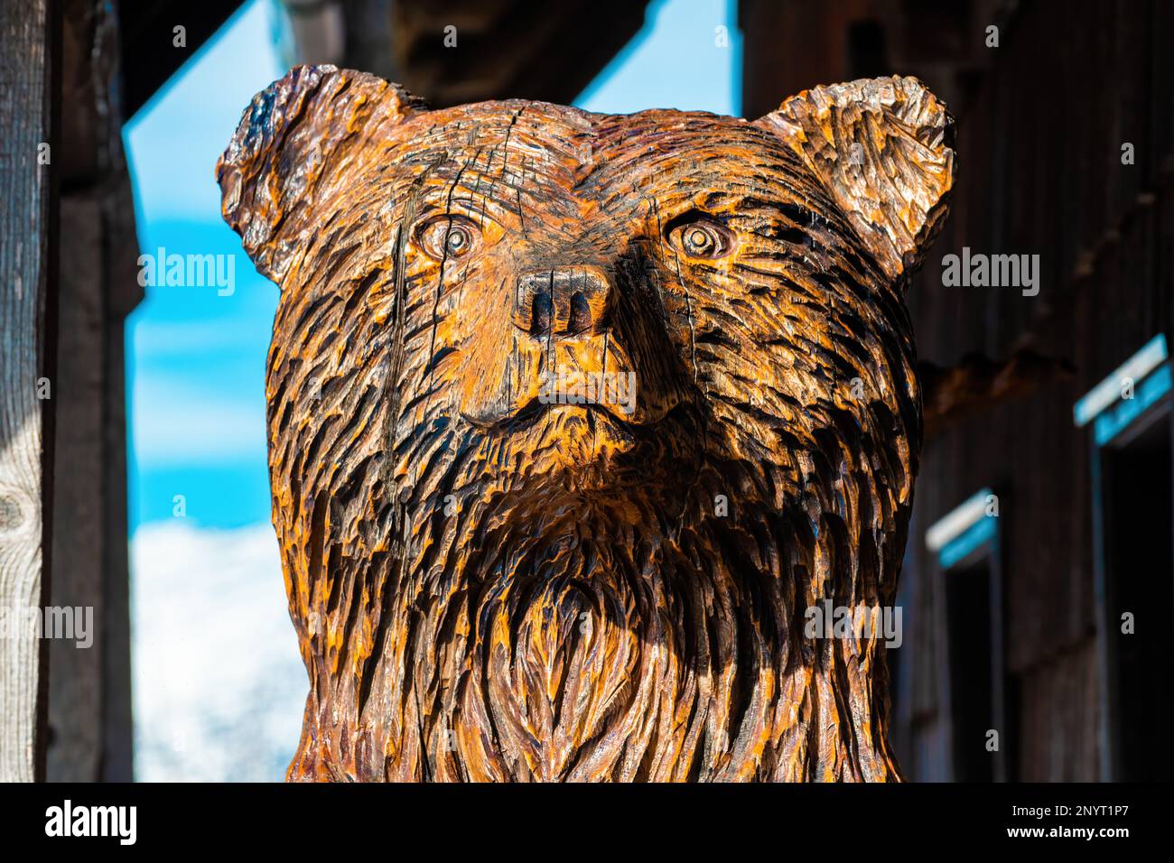 Vogel, Slovénie - 20 février 2023: Sculpture en bois d'ours brun faite avec la technique de sculpture à la tronçonneuse Banque D'Images