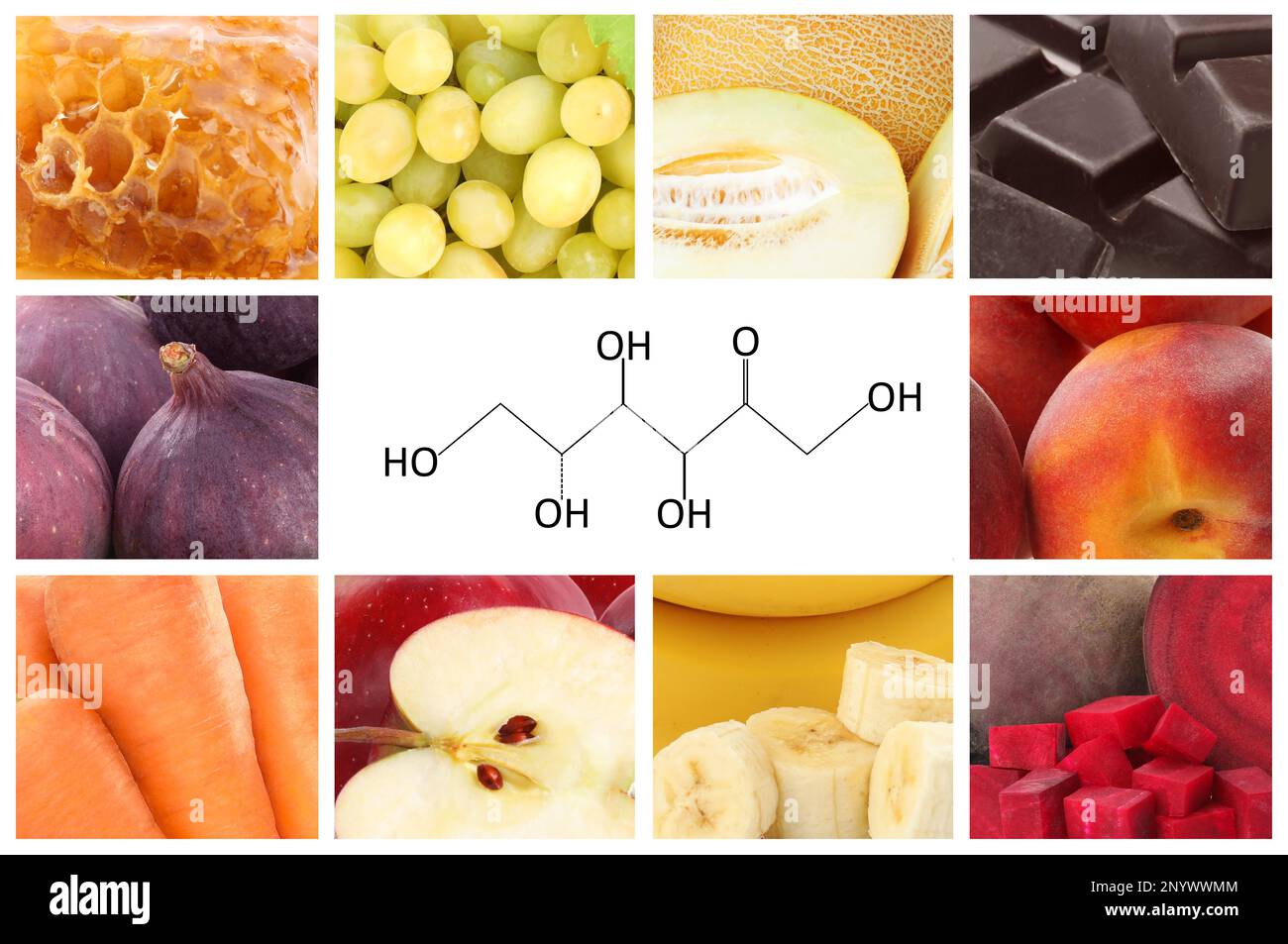 Collage avec photos de différents produits contenant du fructose Banque D'Images