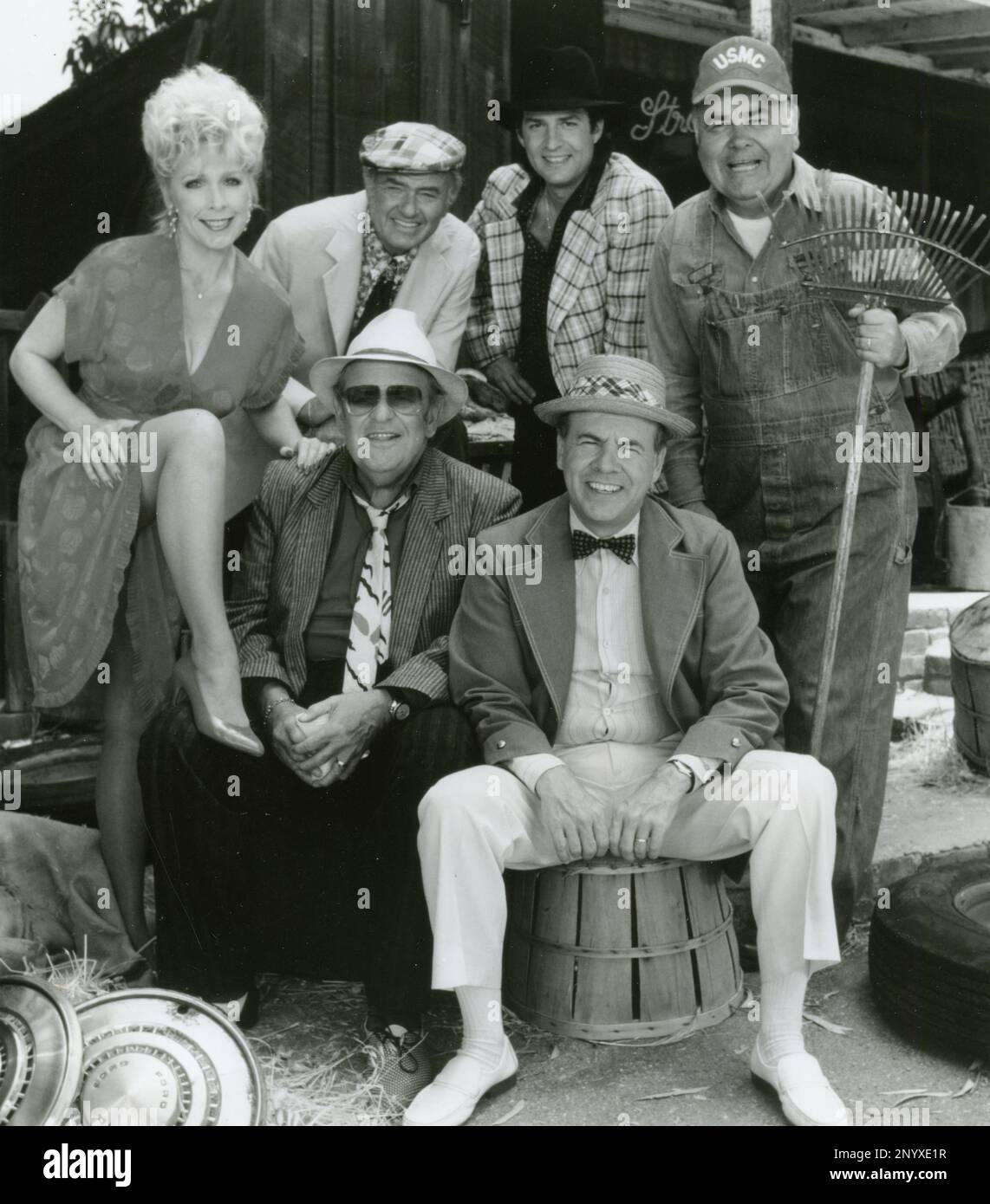 Acteurs Stella Stevens, Harvey Korman, Ted Wass, Jonathan Winters, Jack Weston et Tim Conway dans le film The Longshot, USA 1985 Banque D'Images