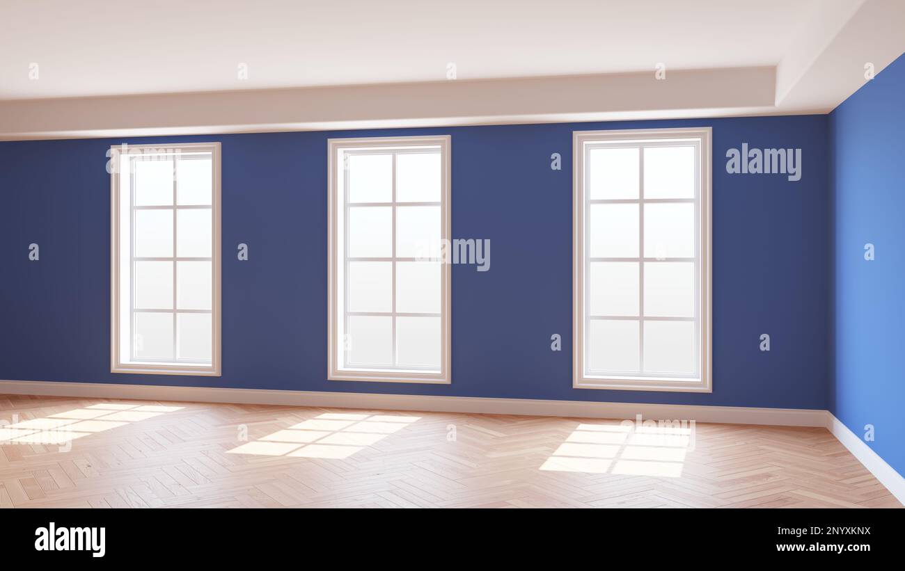 Intérieur ensoleillé de la chambre bleu foncé avec trois grandes fenêtres, parquet brillant clair à chevrons et un Plinth blanc. Magnifique concept de la chambre vide. 3D illustration, Ultra HD 8K, 7680x4320 Banque D'Images
