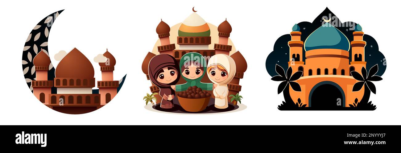 Bonne Ramadan Kareem. Illustration vectorielle de mosquée, croissant, femmes pour carte de vœux. Illustration vectorielle Illustration de Vecteur