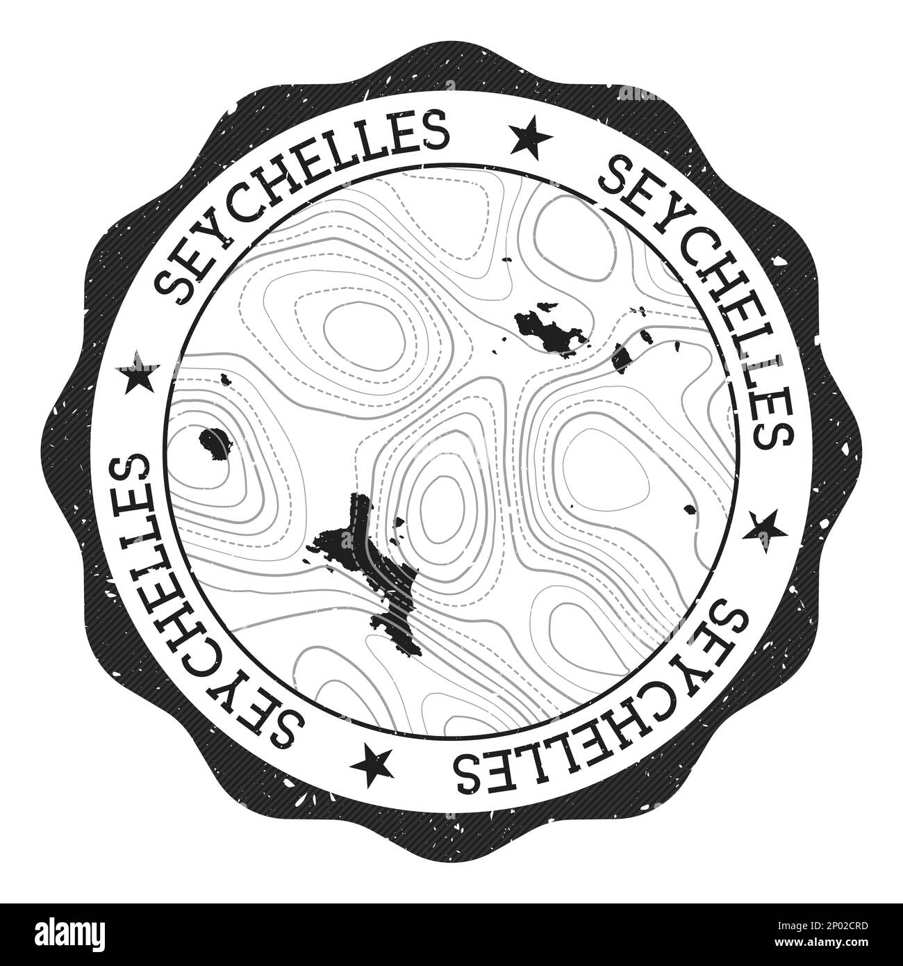 Timbre extérieur des Seychelles. Autocollant rond avec carte de l'île avec isolines topographiques. Illustration vectorielle. Illustration de Vecteur