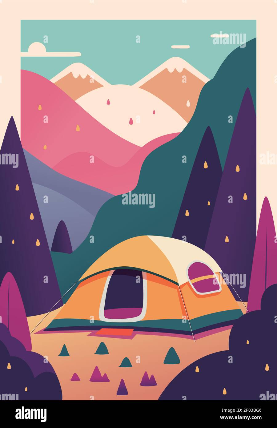 Vector Retro ou Vintage couleurs Storybook style randonnée ou Camping Illustration. Illustration de Vecteur