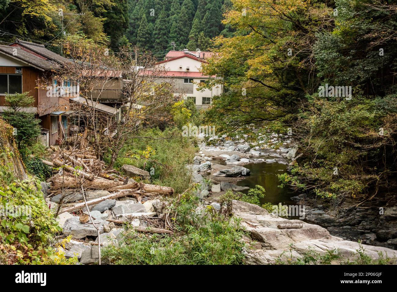Débris des inondations printanières, Yamashiro-Cho, fleuve Fujikawadani, île Shikoku, Japon Banque D'Images
