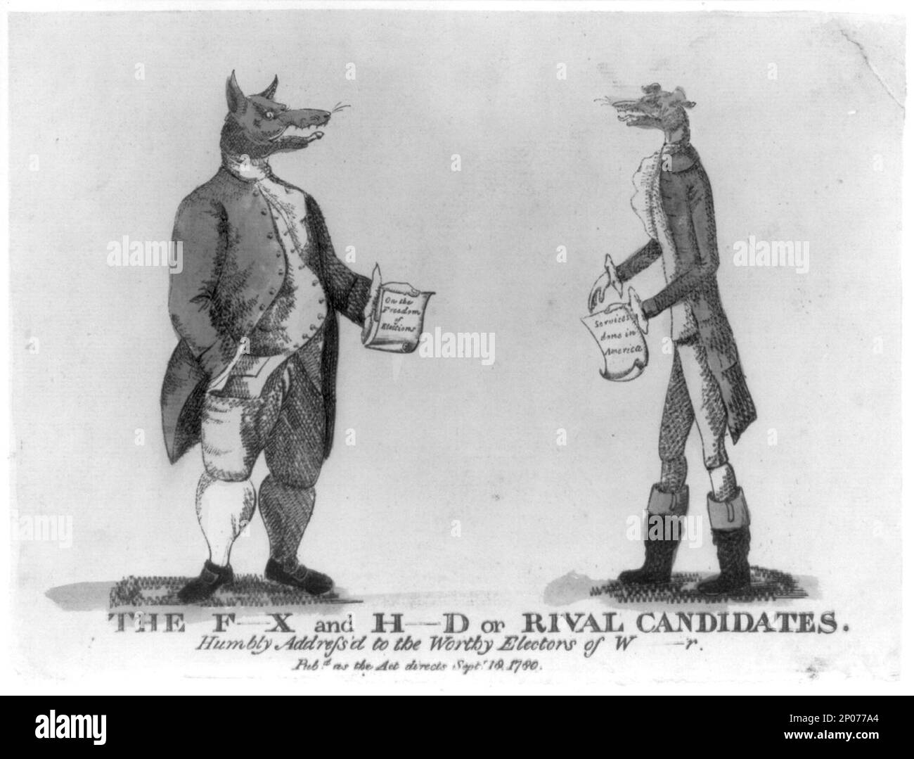 Les f x et H d ou les candidats rivaux - humblement adresser aux électeurs dignes de la W r. British Cartoon Prints Collection , publié dans: The American Revolution dans des dessins et des imprimés; Une liste de contrôle de 1765-1790 graphiques dans la Bibliothèque du Congrès / compilé par Donald H. Cresswell, avec une préface de Sinclair H. Hitchings. Washington : [à vendre par le Supt. De Docs, Gouvernement des États-Unis. Imprimer. OFF.], 1975, non 774. Fox, Charles James, 1749-1806. , Newcastle, Thomas Pelham-Clinton,duc de,1752-1795. , Élections politiques,Angleterre,1780. , Etats-Unis,Histoire,Révolution, 1775-1783. Banque D'Images