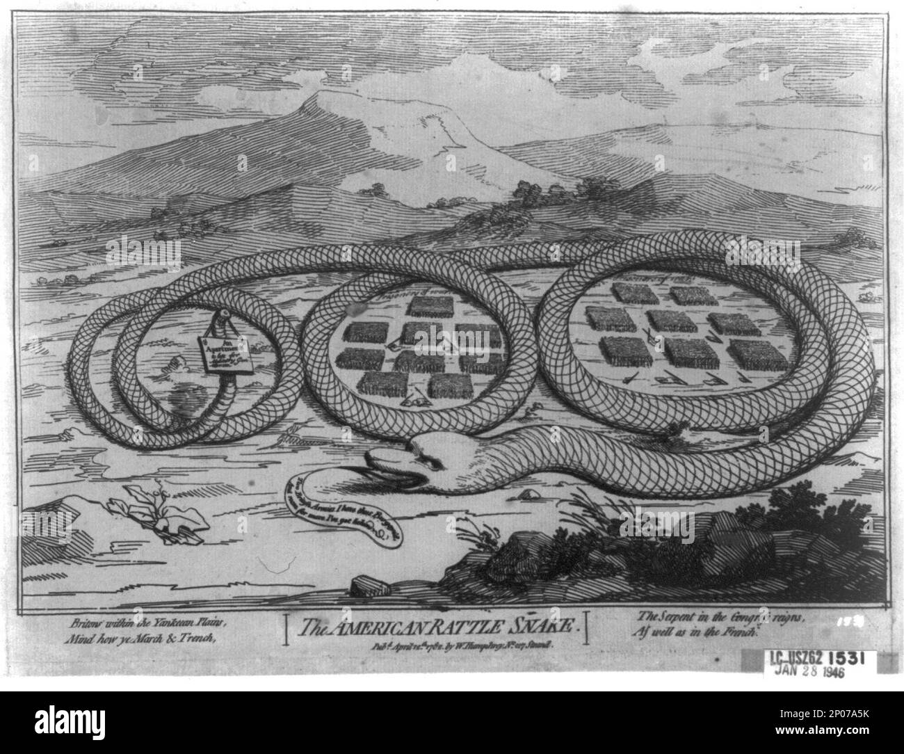 Le serpent de ferraillement américain. British Cartoon Prints Collection , publié dans: La Révolution américaine dans les dessins et les imprimés; une liste de contrôle de 1765-1790 graphiques dans la Bibliothèque du Congrès / compilé par Donald H. Cresswell, avec une préface par Sinclair H. Hitchings. Washington : [à vendre par le Supt. De Docs, Gouvernement des États-Unis. Imprimer. OFF.], 1975, non 812, publié dans: Les yeux de la nation : Une histoire visuelle des Etats-Unis / Vincent Virga, conservateurs de la Bibliothèque du Congrès, Alan Brinkley. New York : Knopf, 1997 ans, a exposé: 'Creating the United States' à la Bibliothèque du Congrès, Washington, D.C., 2 Banque D'Images