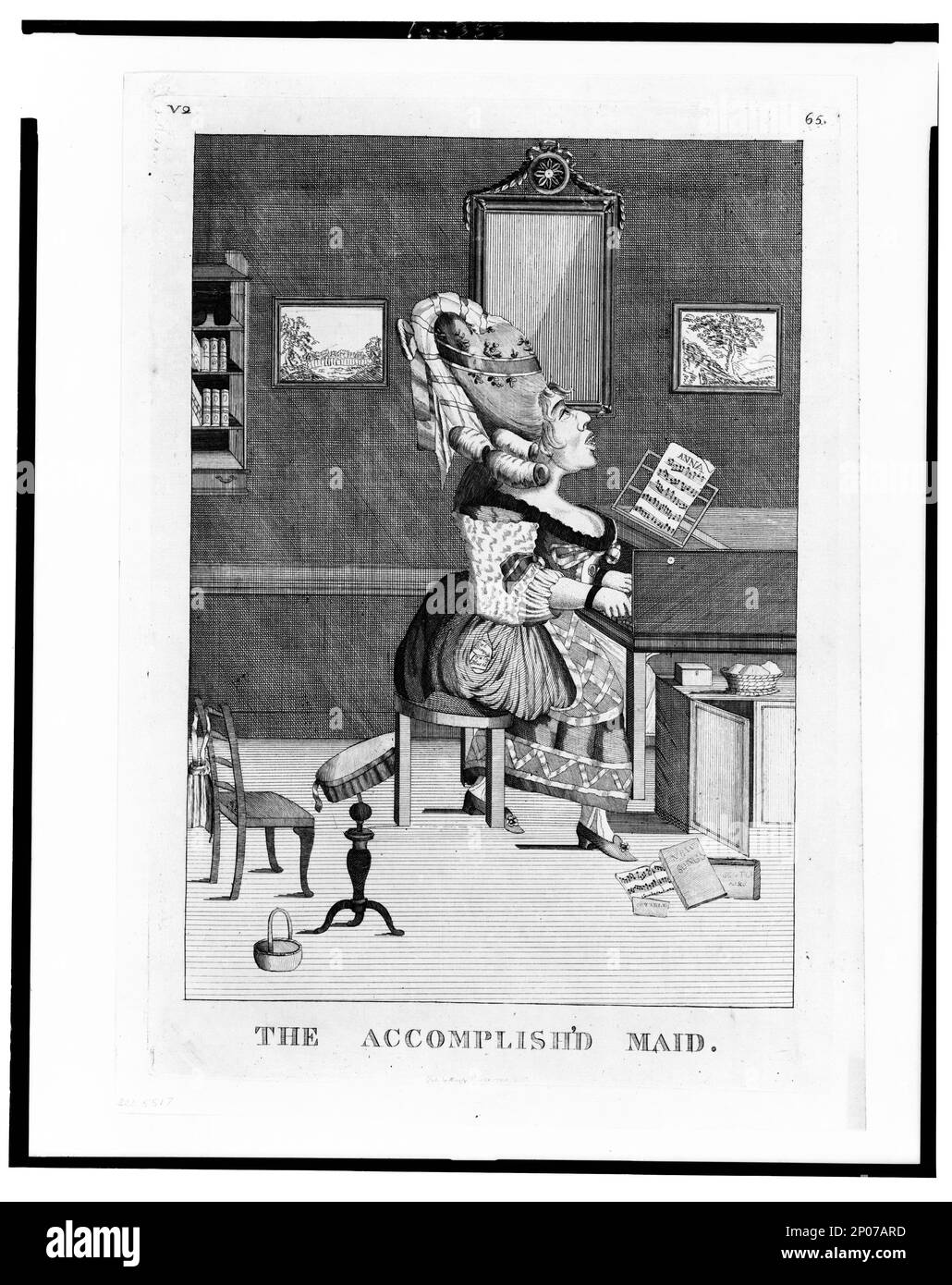 La femme de ménage. Fait partie de la collection British Cartoon Prints. , Non V2, 65. Instruments de clavier,1770-1780. , Chant,1770-1780. , Salles de dessin,Grande-Bretagne,1770-1780. , Servants,Grande-Bretagne,1770-1780. , Femmes,Grande-Bretagne,1770-1780. Banque D'Images