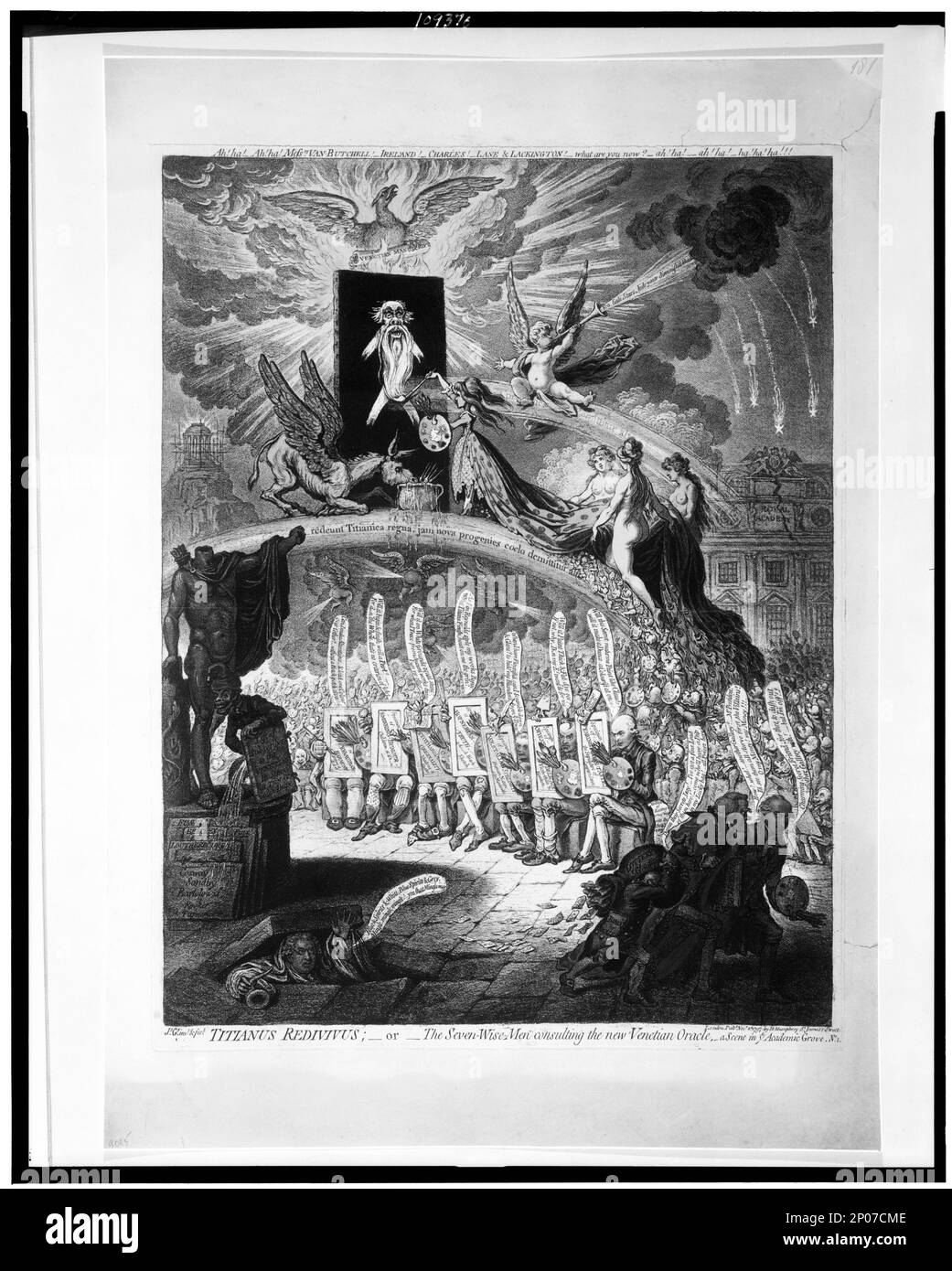 Titianus redivivus;-ou-les sept-sages-hommes consultant le nouvel oracle vénitien ; une scène dans le bosquet académique, n° 1 js. GY., inv. et bien. British Cartoon Prints Collection , Catalogue des gravures et dessins au British Museum. Section I, satire politiques et personnels, v. 7, no 9085. Titien, env. 1488-1576,représentations. , Art,1780-1800. , Fraude,Grande-Bretagne,1790-1800. Banque D'Images
