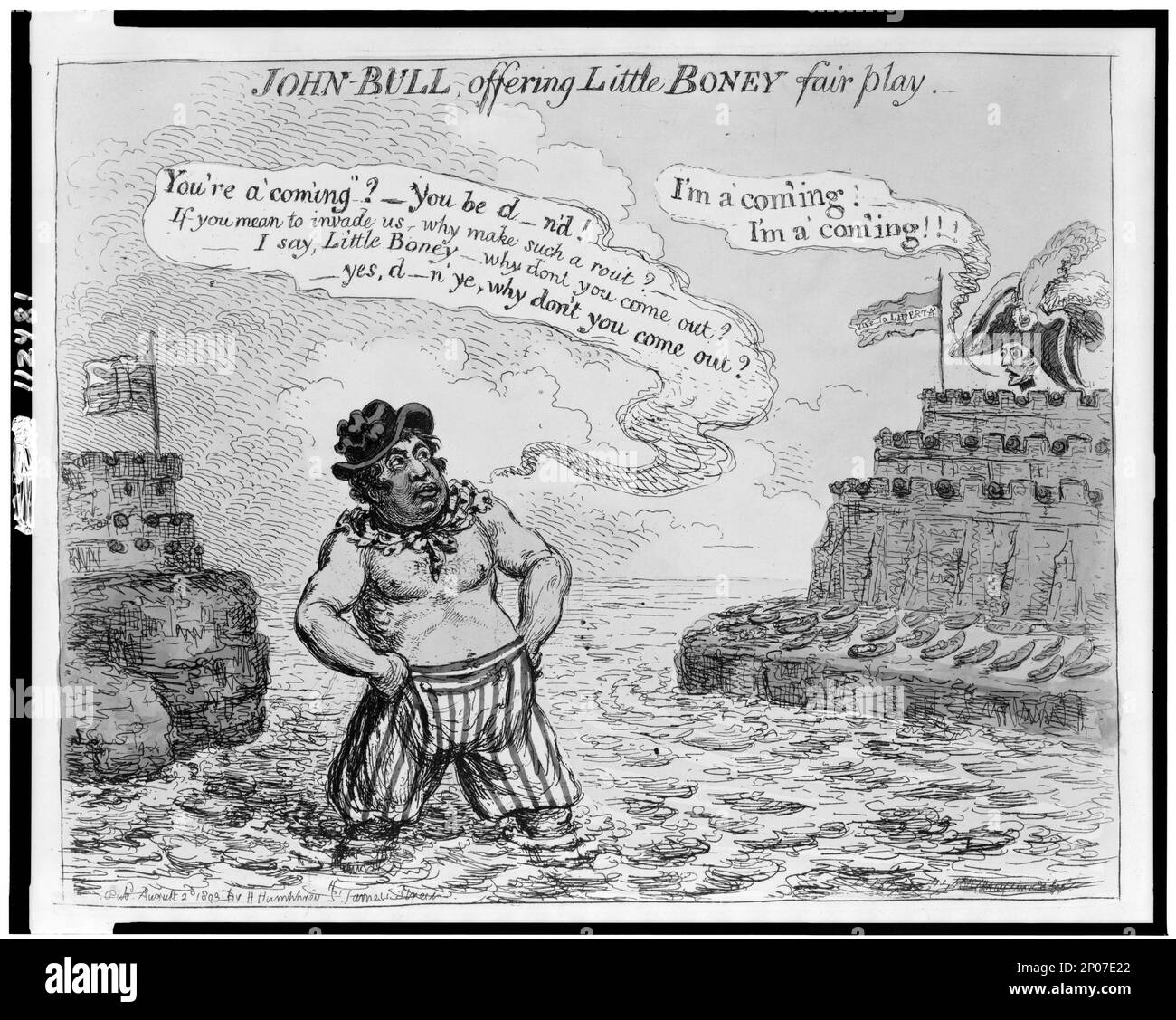 John Bull offre Little Boney fair play. Collection British Cartoon Prints . Napoléon,I,Empereur des Français,1769-1821. , Guerres napoléoniennes, 1800-1815, proposition d'invasion de l'Angleterre, 1793-1805. , John Bull (caractère symbolique),1800-1810. Banque D'Images