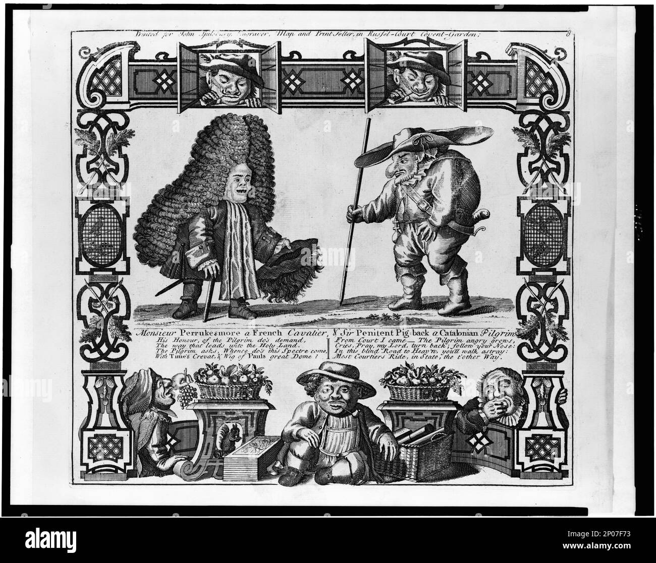 Monsieur Perrukesmore, cavalier français, et Sir Penitent Pig-back, pèlerin catalan. Collection British caricature Prints . Curiosités humaines,1720-1750. , Dwarfs,1720-1750. Banque D'Images