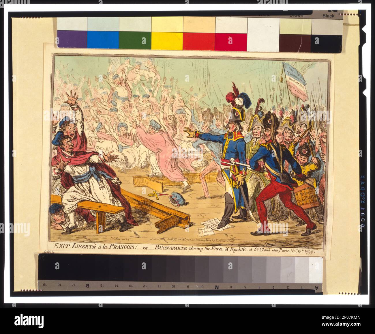 Sortie libertè a la Francois ! Ou Buonaparte fermant la farce d'Egalité, à St. Cloud près de Paris Novr. 10th 1799 js. Gillray inv. Et F.. Art Wood Collection of caricature and Cartoon , Forms pBritish Cartoon Prints Collection , PR 13 CN 2001:055-4 exposé: 'Opportun et intemporel' aux galeries d'arts graphiques, Bibliothèque du Congrès, Washington, D. C, 2011-2012, Non transformé en BOIS/Gillray.118, Hoff, Syd. Rédaction et caricature politique, p. 38; Parton, James, caricature et autres œuvres d'art comique, p. 153, 267-68 ljr. Napoléon,I,Empereur des Français,1769-1821 , France,corps législatif (1795-1814),con Banque D'Images