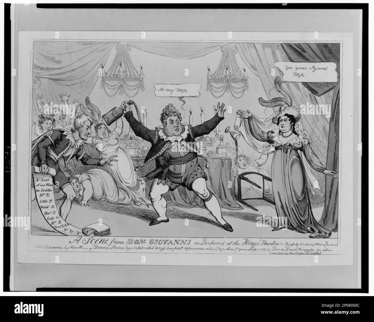 Une scène de Don Giovanni comme spectacle au Kings Theatre. Collection British Cartoon Prints . George, IV, Roi de Grande-Bretagne, 1762-1830. , Caroline,Reine, consort de George IV, roi de Grande-Bretagne,1768-1821. , Castlereagh, Robert Stewart, Viscount, 1769-1822. , Opéras & operettas,Angleterre,Londres,1820. , Adultère,Angleterre,Londres,1820. Banque D'Images