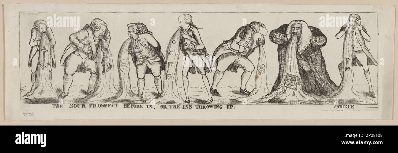 La perspective aigre devant nous, ou les ins qui lancent l'État .. Collection British Cartoon Prints . Chatham, John Pitt, comte de, 1756-1835. , Stafford, Granville Leveson-Gower,marquis of,1721-1803. , Camden, Charles Pratt,Earl,1714-1794. , Richmond et Lennox, Charles Lennox, duc de,1735-1806. , Sydney, Thomas Townshend,Viscount,1733-1800 , Thurlow, Edward Thurlow,Baron,1731-1806. , Pitt, William, 1759-1806. , Vomissements,1780-1790. , Fonctionnaires,Angleterre,1780-1790. , Politique et gouvernement,Angleterre,1780-1790. Banque D'Images