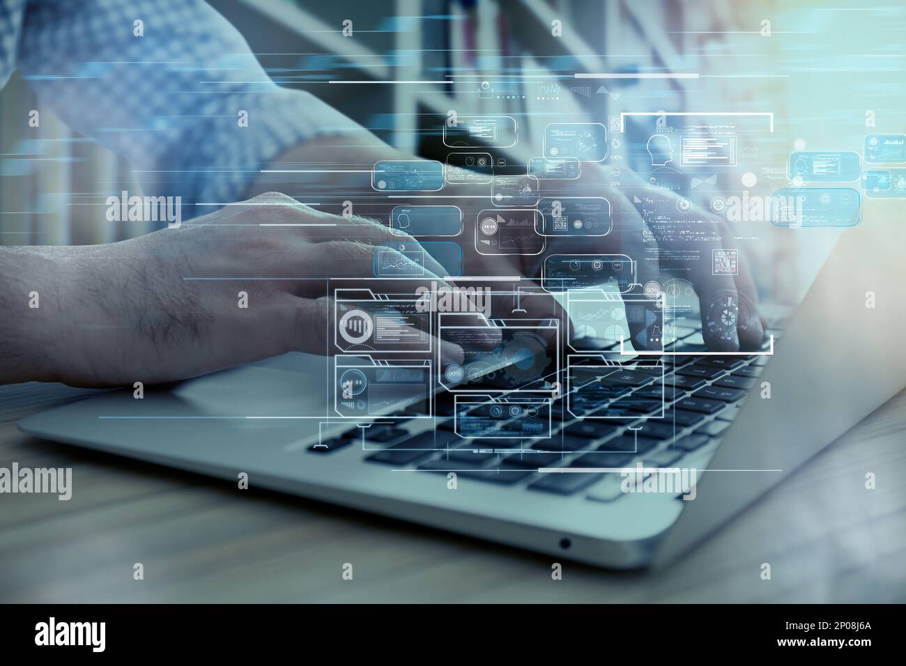 Étudiant utilisant l'ordinateur portable dans la bibliothèque et illustration d'icônes virtuelles. Technologie éducative Banque D'Images